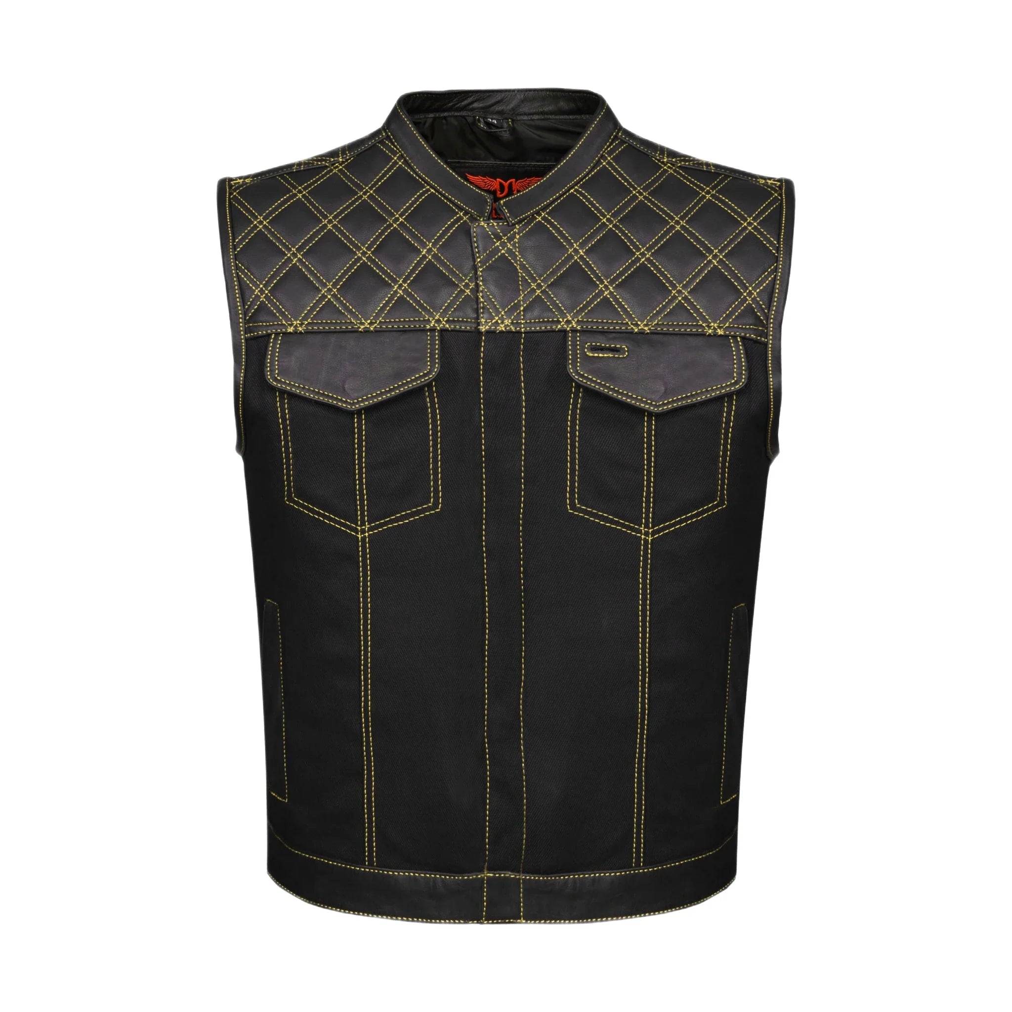Dream Apparel Mens Black Club Vest Diamond Design Yellow Thread Leather & Denim