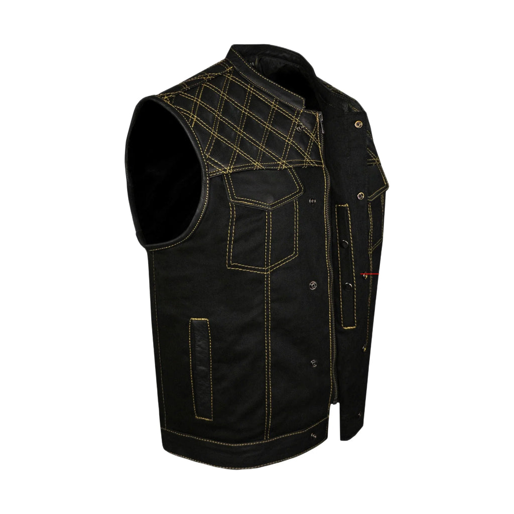 Dream Apparel Mens Black Club Vest Diamond Design Yellow Thread Leather & Denim