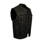 Dream Apparel Mens Black Club Vest Diamond Design Yellow Thread Leather & Denim