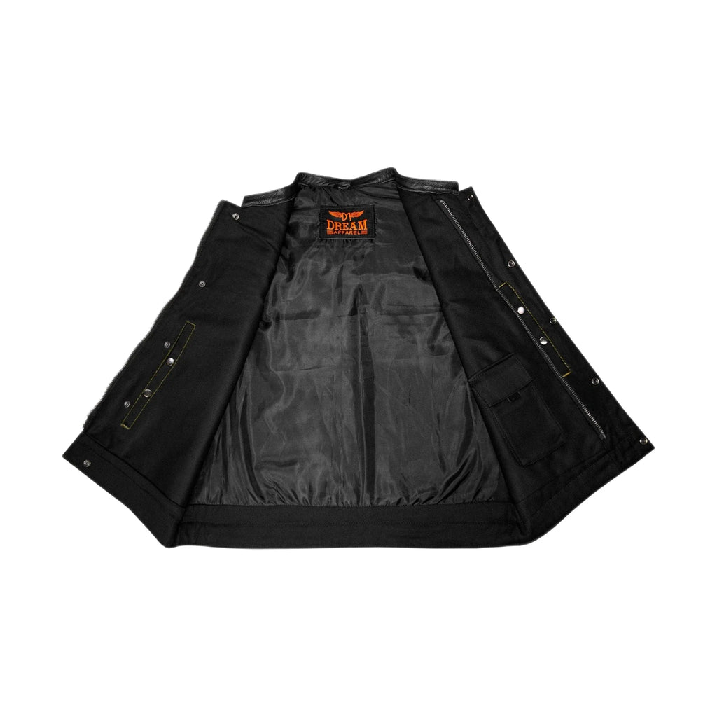 Dream Apparel Mens Black Club Vest Diamond Design Yellow Thread Leather & Denim