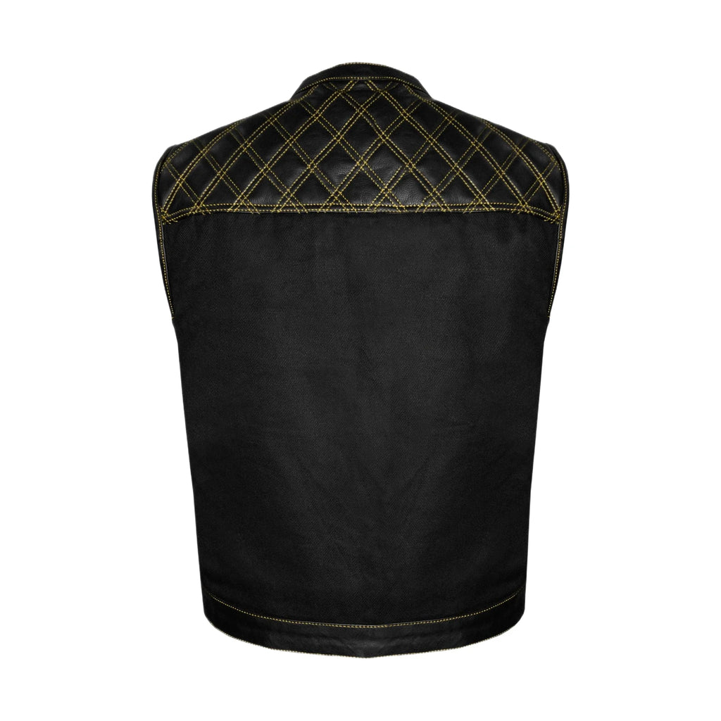 Dream Apparel Mens Black Club Vest Diamond Design Yellow Thread Leather & Denim