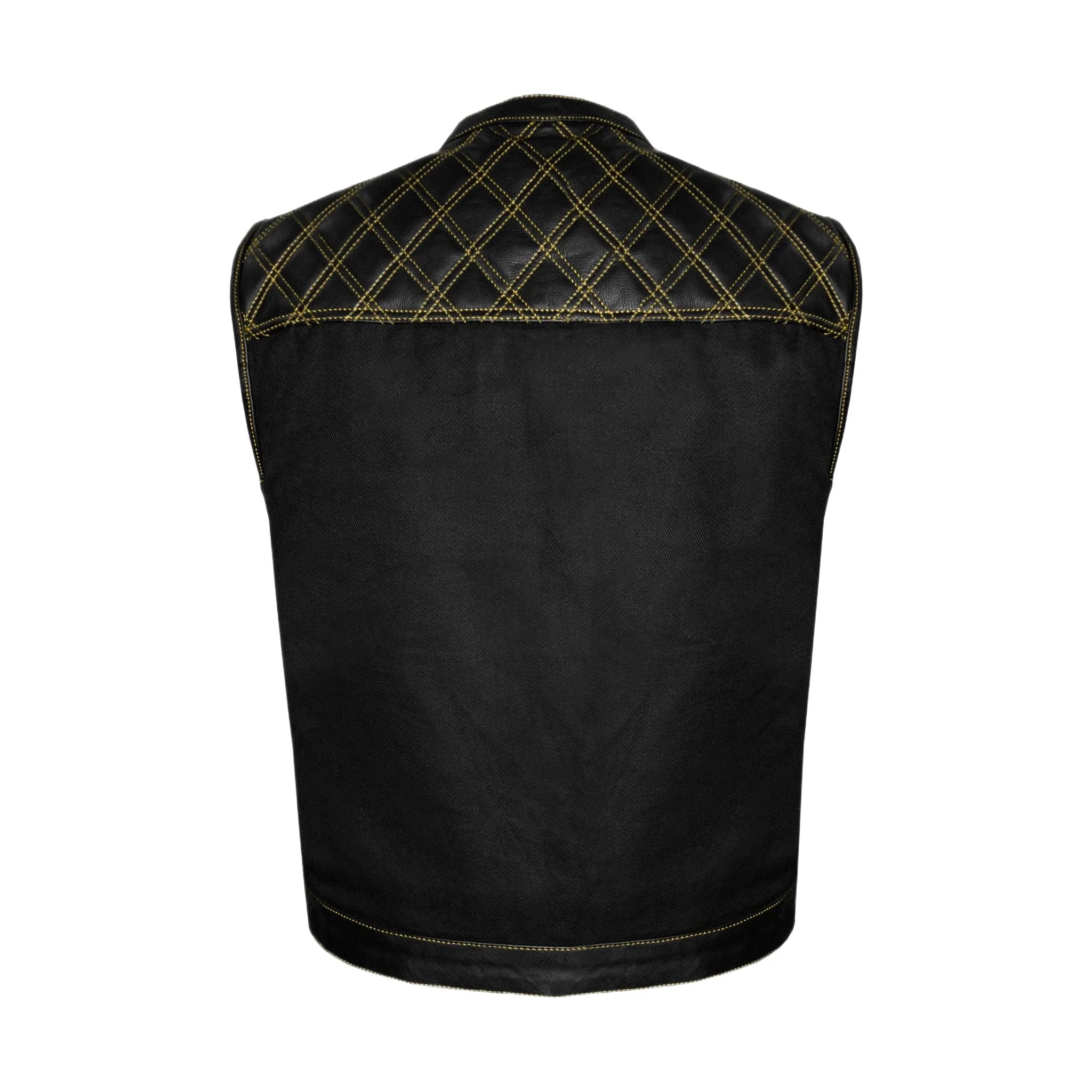 Dream Apparel Mens Black Club Vest Diamond Design Yellow Thread Leather & Denim