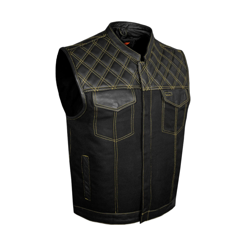 Mens Club Vest Dream Apparel Black Leather Denim Diamond Stitch Yellow Thread