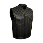 Mens Club Vest Dream Apparel Black Leather Denim Diamond Stitch Yellow Thread