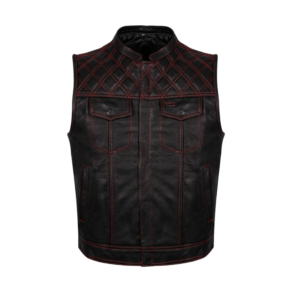Mens Premium Naked Leather Motorcycle Club Vest Red Thread Zipper Front, Diamond Padding