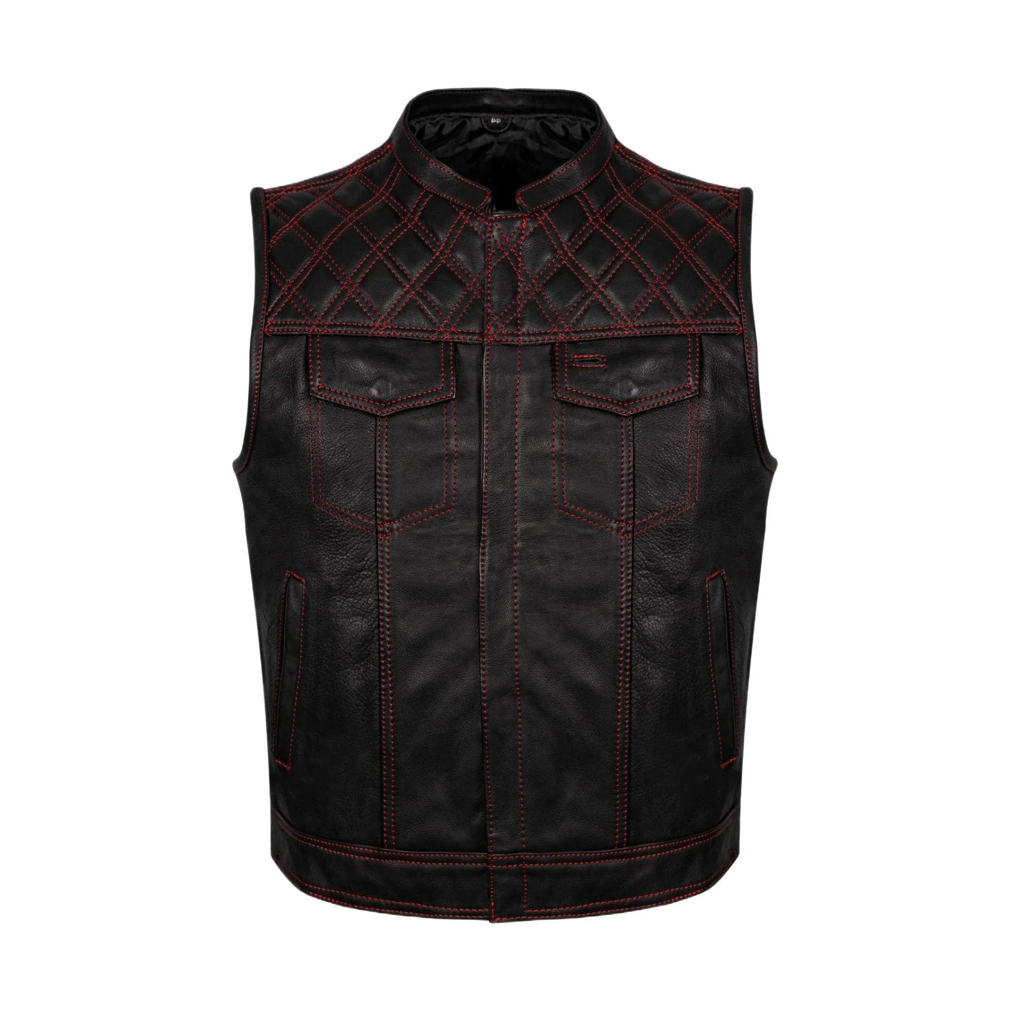 Mens Premium Naked Leather Motorcycle Club Vest Red Thread Zipper Front, Diamond Padding