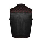 Mens Premium Naked Leather Motorcycle Club Vest Red Thread Zipper Front, Diamond Padding