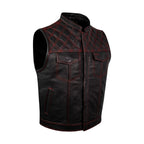 Mens Premium Naked Leather Motorcycle Club Vest Dream Apparel Black Red Thread Diamond Padding