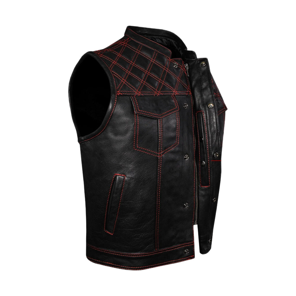 Dream Apparel Mens Naked Leather Motorcycle Club Vest Red Thread Zipper Front, Diamond Padding