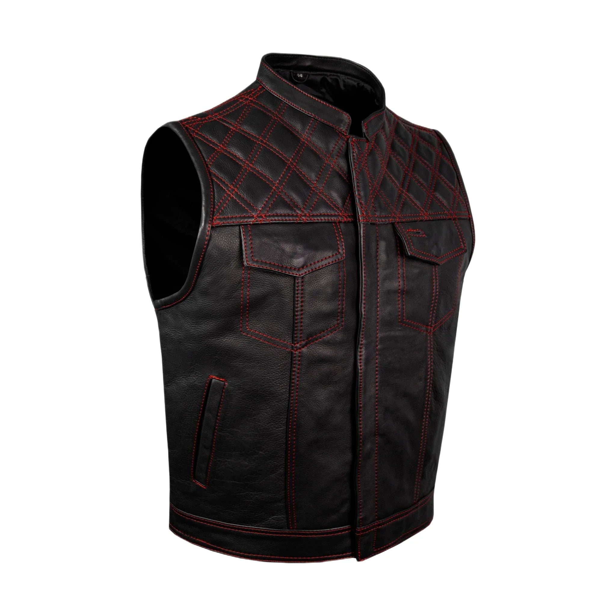 Mens Naked Leather Motorcycle Club Vest Dream Apparel Diamond Padding Red Thread