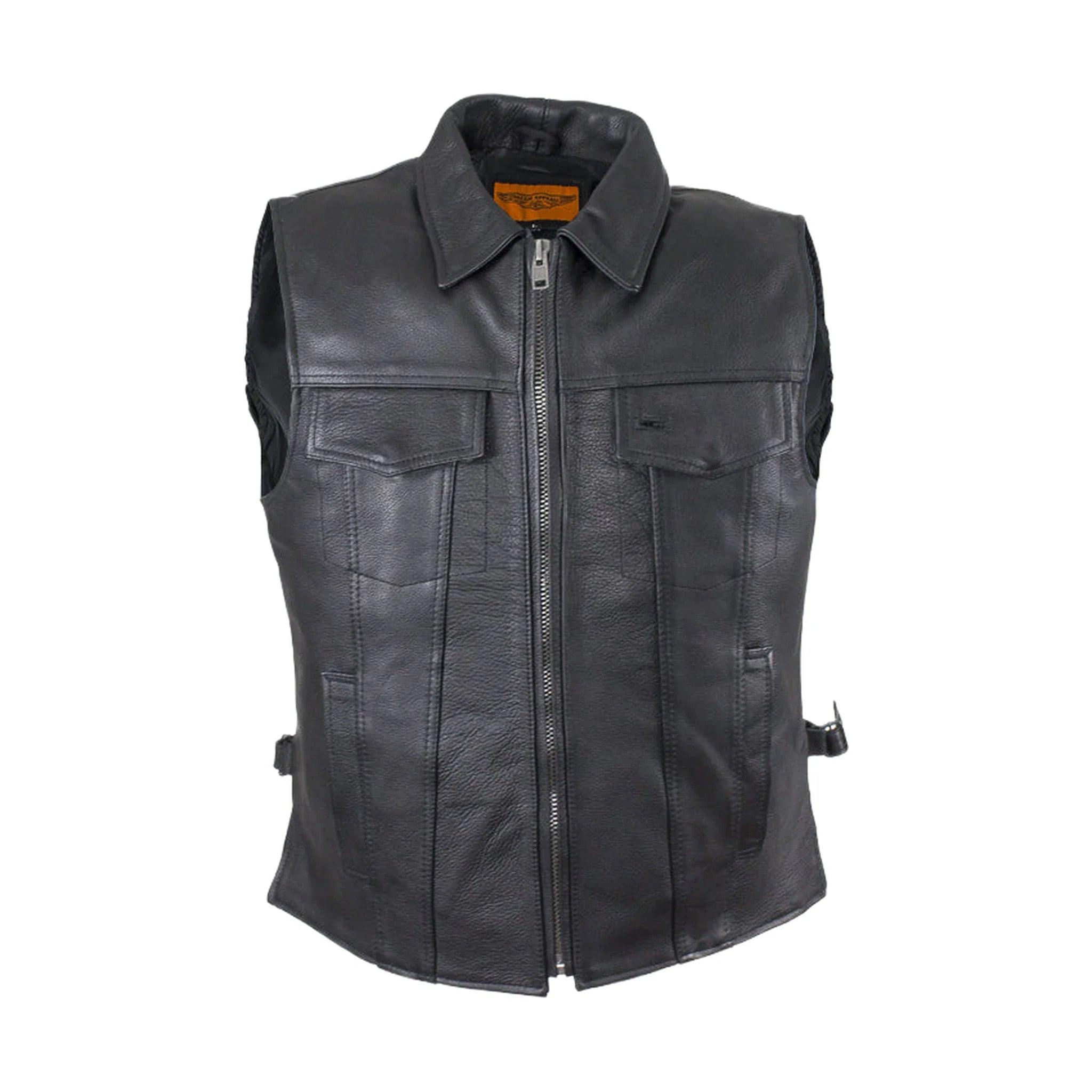 Dream Apparel Mens Motorcycle Club Leather Vest With Fold Collar & Hidden Snaps