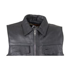 Dream Apparel Mens Motorcycle Club Leather Vest With Fold Collar & Hidden Snaps