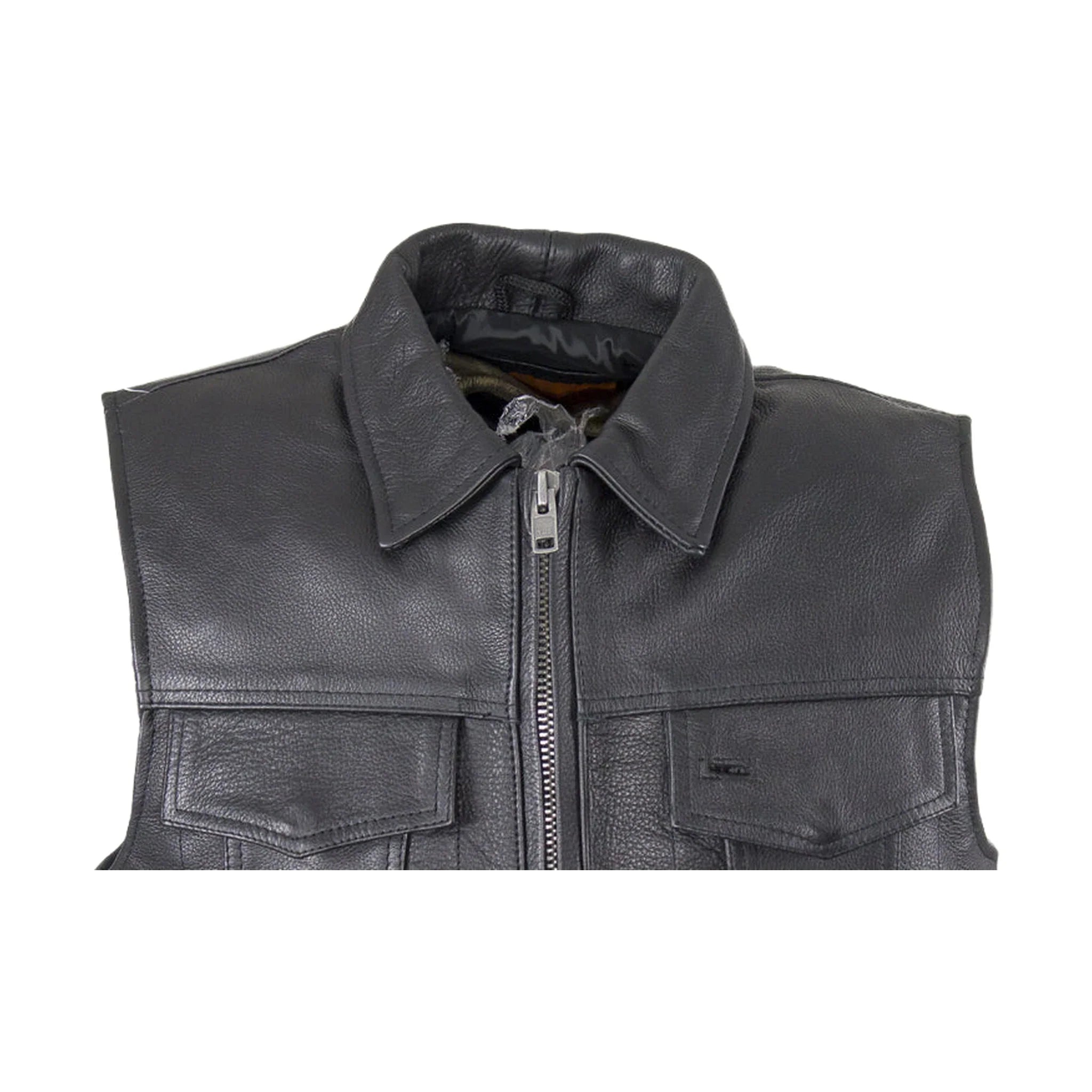 Dream Apparel Mens Motorcycle Club Leather Vest With Fold Collar & Hidden Snaps