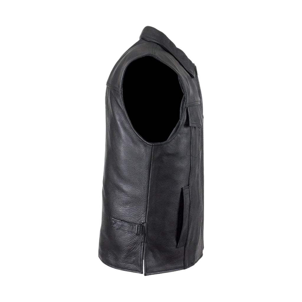 Dream Apparel Mens Motorcycle Club Leather Vest With Fold Collar & Hidden Snaps