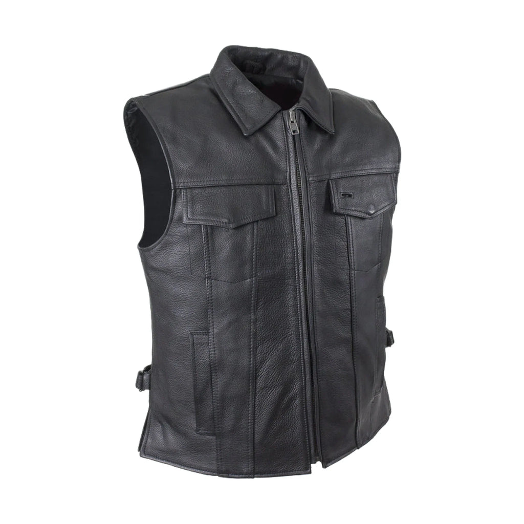 Mens Motorcycle Club Leather Vest Dream Apparel Black Fold Collar Hidden Snaps
