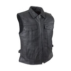 Mens Motorcycle Club Leather Vest Dream Apparel Black Fold Collar Hidden Snaps