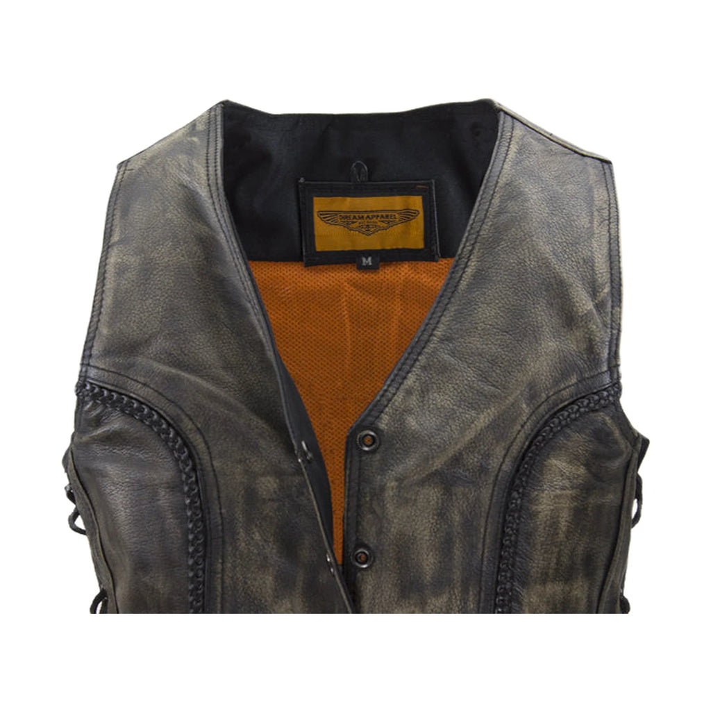 Dream Apparel Womens Longer Cut Distressed Brown Cowhide Leather Motorcycle Vest