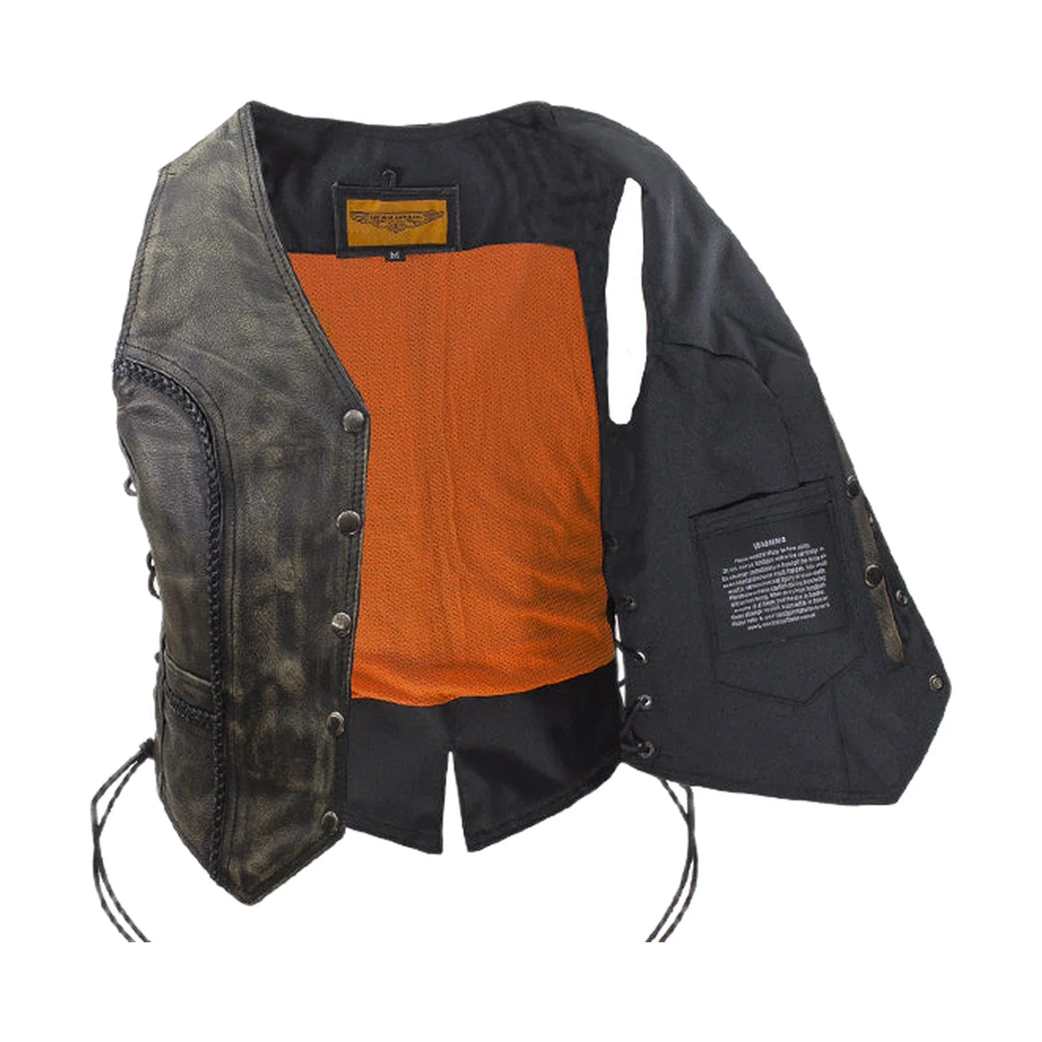 Dream Apparel Womens Longer Cut Distressed Brown Cowhide Leather Motorcycle Vest