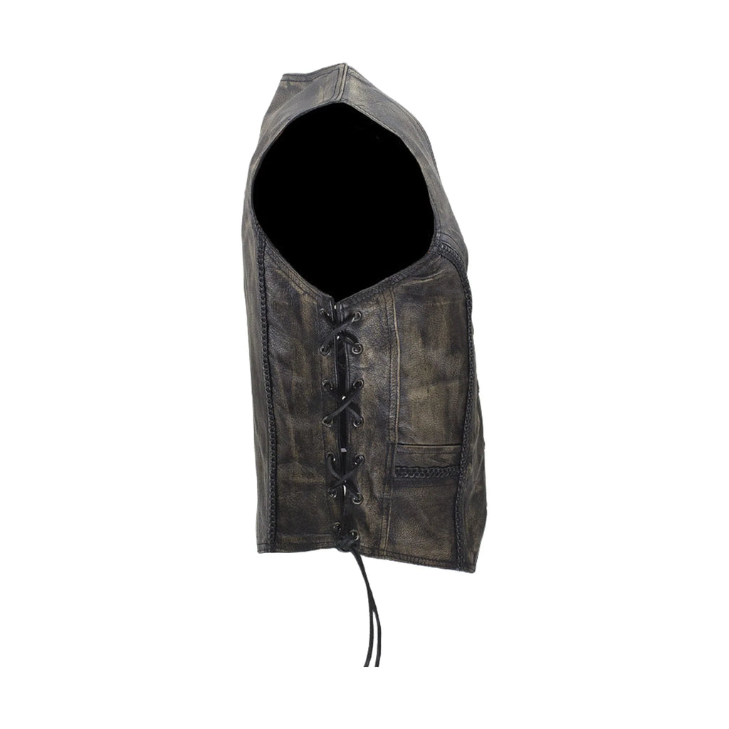 Dream Apparel Womens Longer Cut Distressed Brown Cowhide Leather Motorcycle Vest