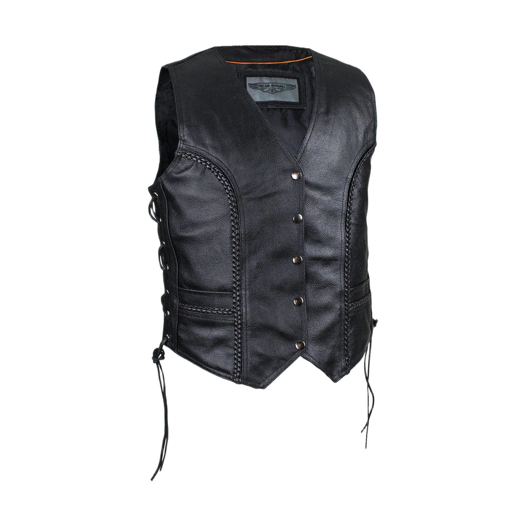 Ladies Cowhide Leather Club Vest with Conceal Carry Gun Pockets Side Laces