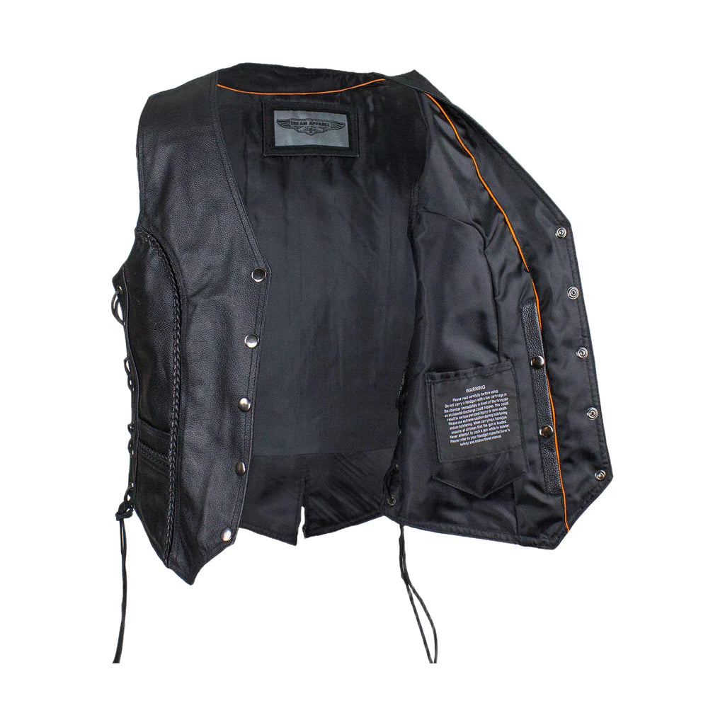 Ladies Cowhide Leather Club Vest Conceal Carry Pockets Side Laces