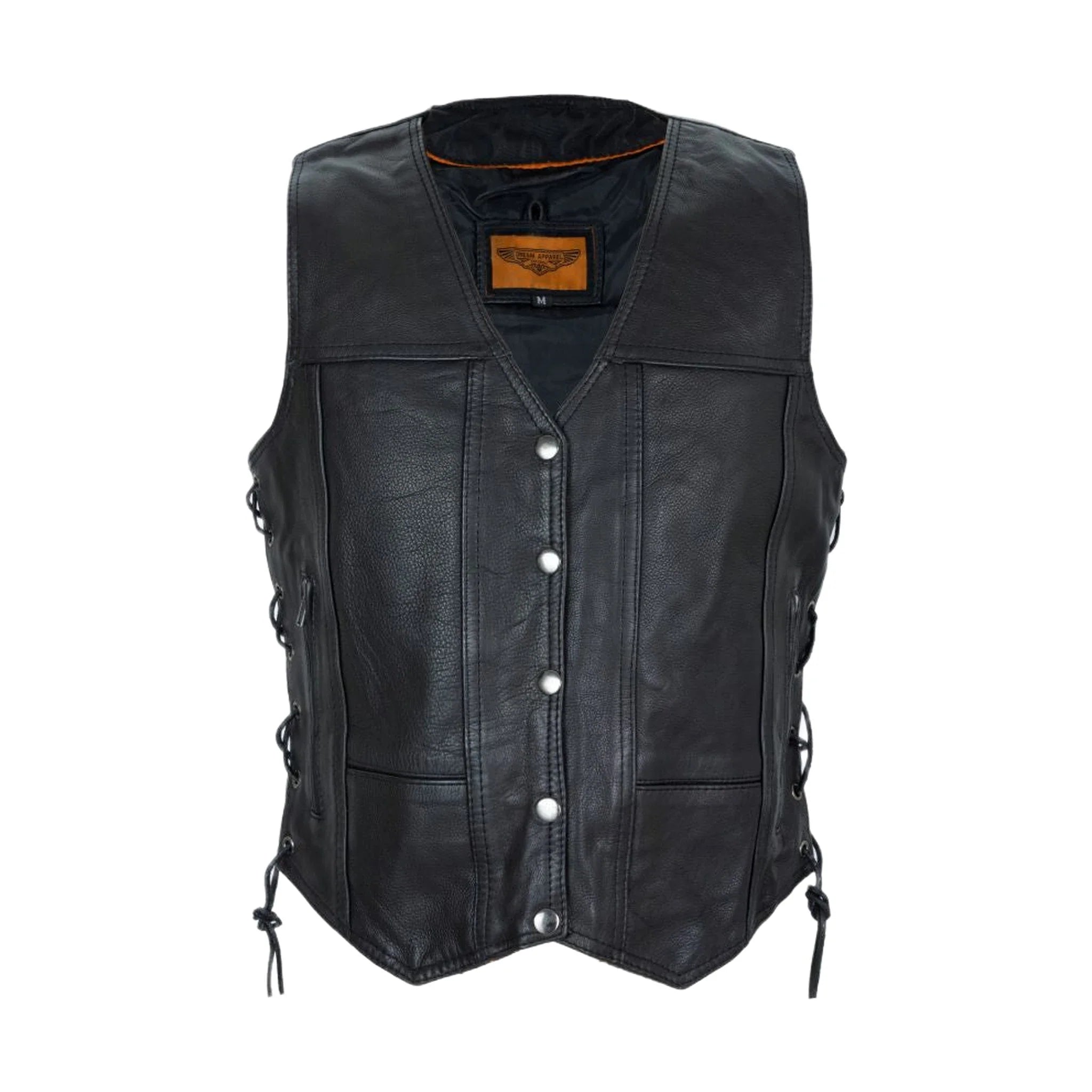Dream Apparel Women Cowhide Leather Motorcycle 7 Pockets Vest Concealed Carry Pockets Side Laces