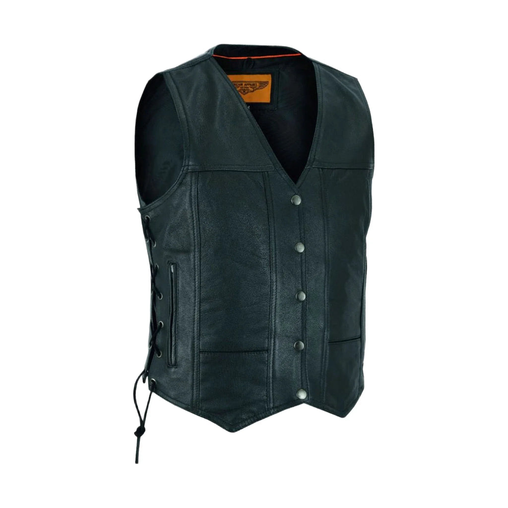 Women Cowhide Leather Motorcycle Vest Dream Apparel 7 Pockets Concealed Carry Side Laces