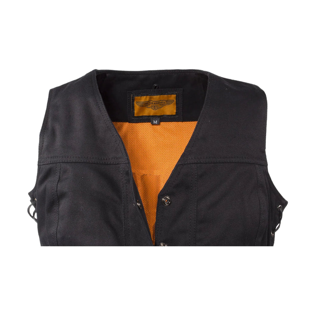 Womens Black Denim Motorcycle Vest With Side Laces