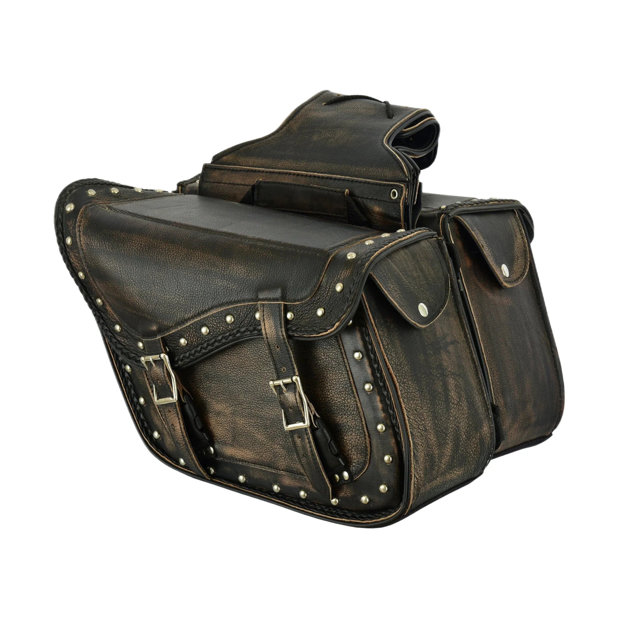 Genuine Distressed Brown Naked Leather Concealed Carry Motorcycle Saddlebag 13x10 Inch