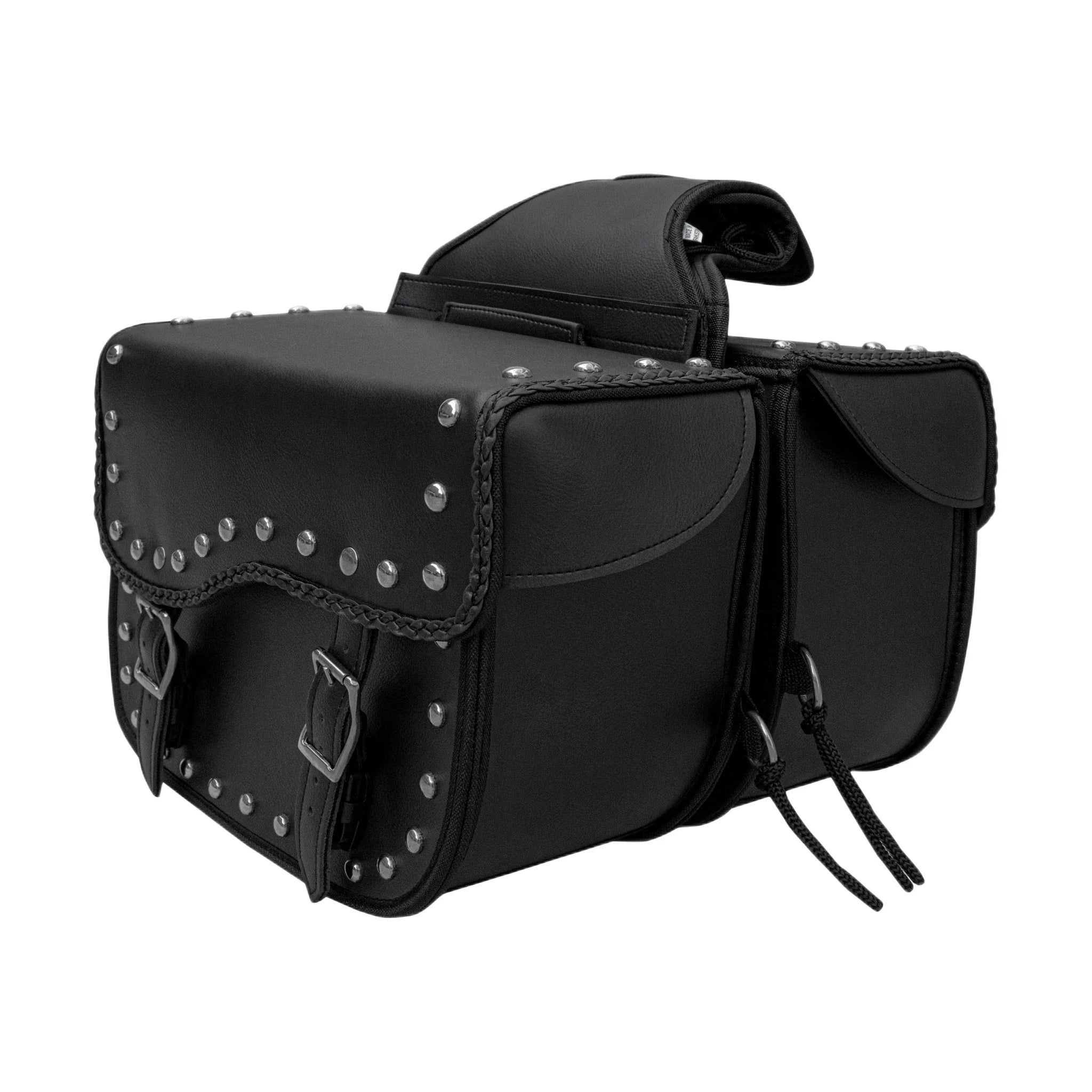 Dream Apparel Motorcycle Saddlebag PVC Classic Black Vintage Style Weather-Resistant Saddlebag Studs