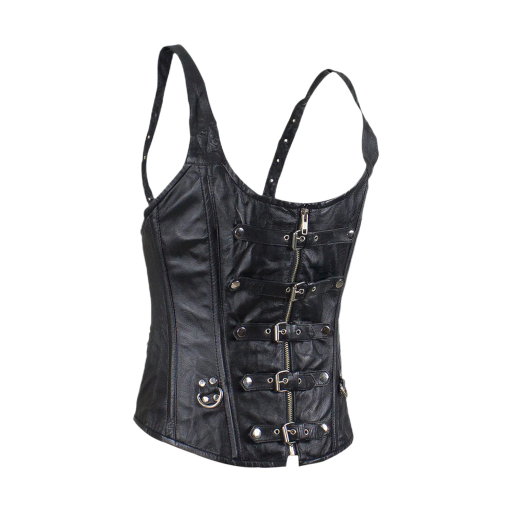 Women's Lambskin Leather Corset Black with Buckles and D Rings Stylish Pleated