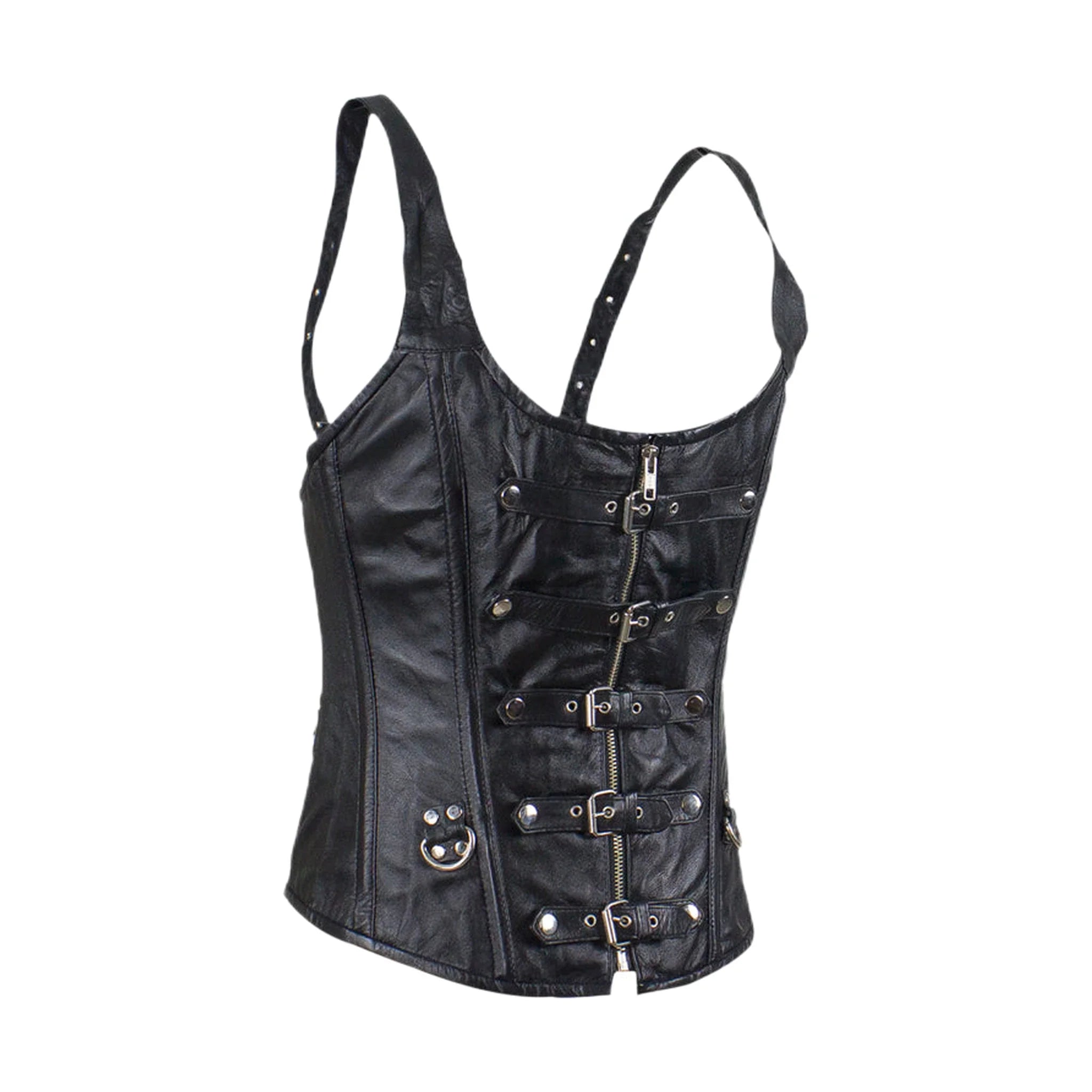 Women's Lambskin Leather Corset Black with Buckles and D Rings Stylish Pleated
