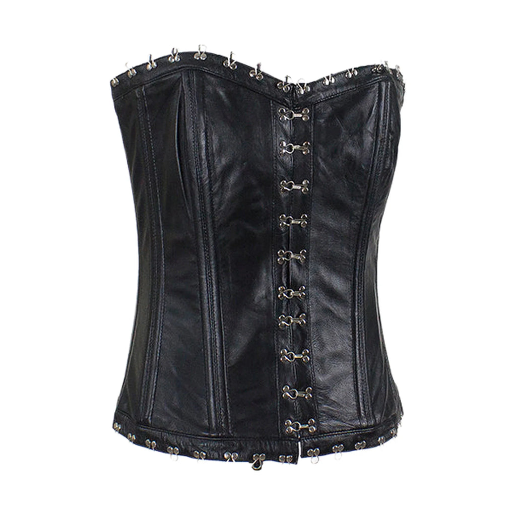 Women's Lambskin Leather Corset Dream Apparel Black Hook Eye Front Lace Up