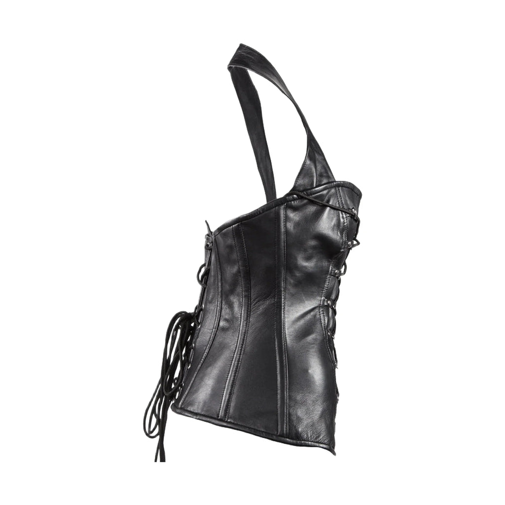 Womens Black Lamb Skin Leather Laces & Zippered Corset
