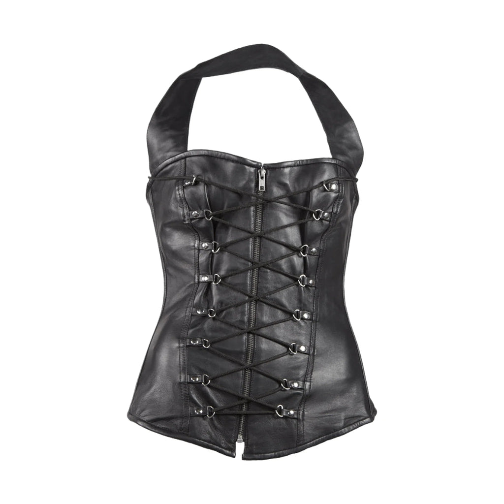Womens Black Lamb Skin Leather Laces & Zippered Corset