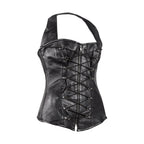 Womens Black Lambskin Leather Corset Zip Front Lace Back Overbust Strap