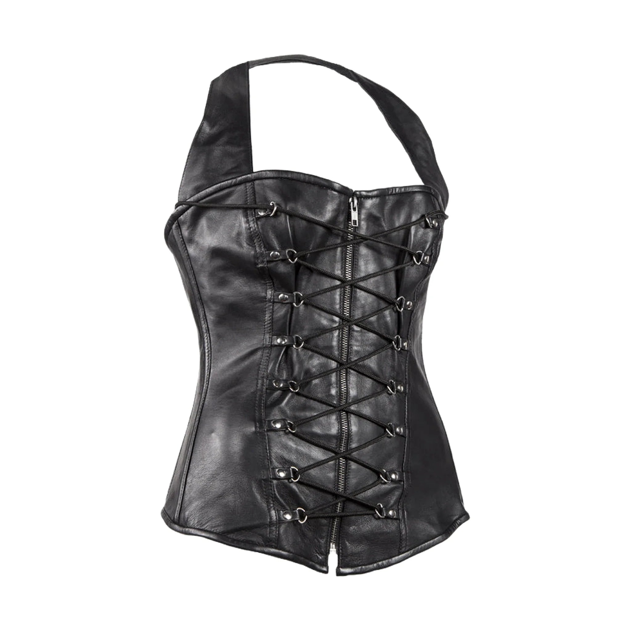 Womens Black Lambskin Leather Corset Zip Front Lace Back Overbust Strap