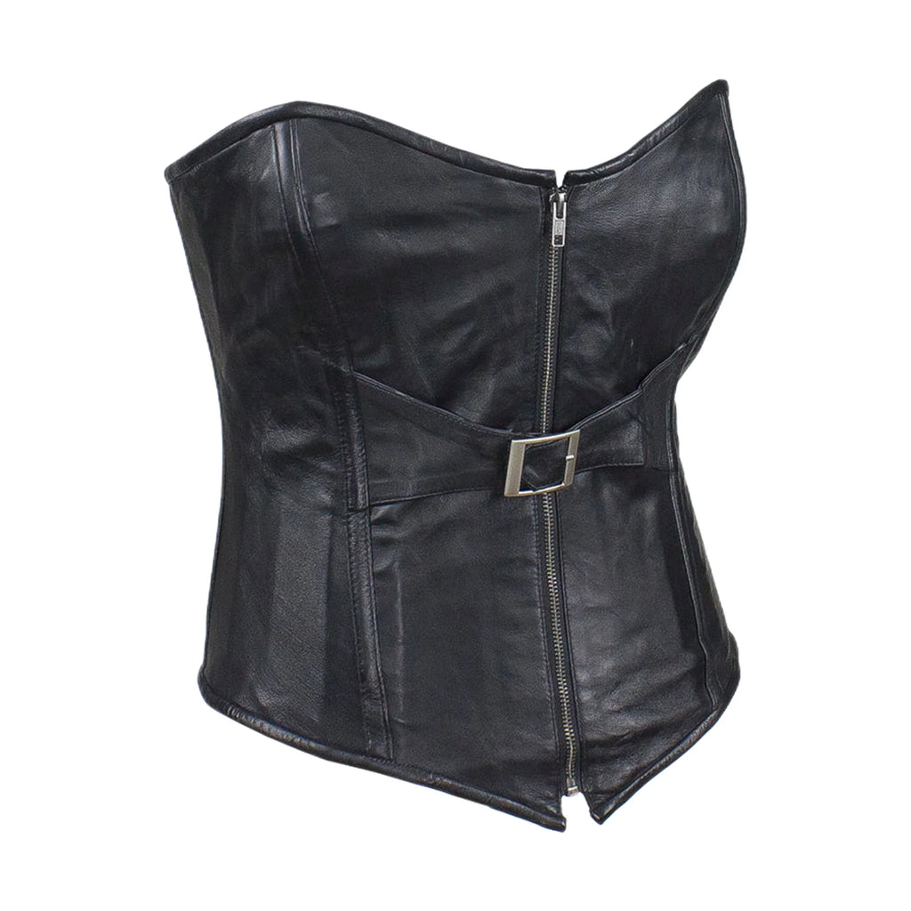 Women's Black Lambskin Leather Corset Zipper Front Buckle Lace Back Strapless Bra Loops