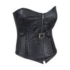 Women's Black Lambskin Leather Corset Zipper Front Buckle Lace Back Strapless Bra Loops