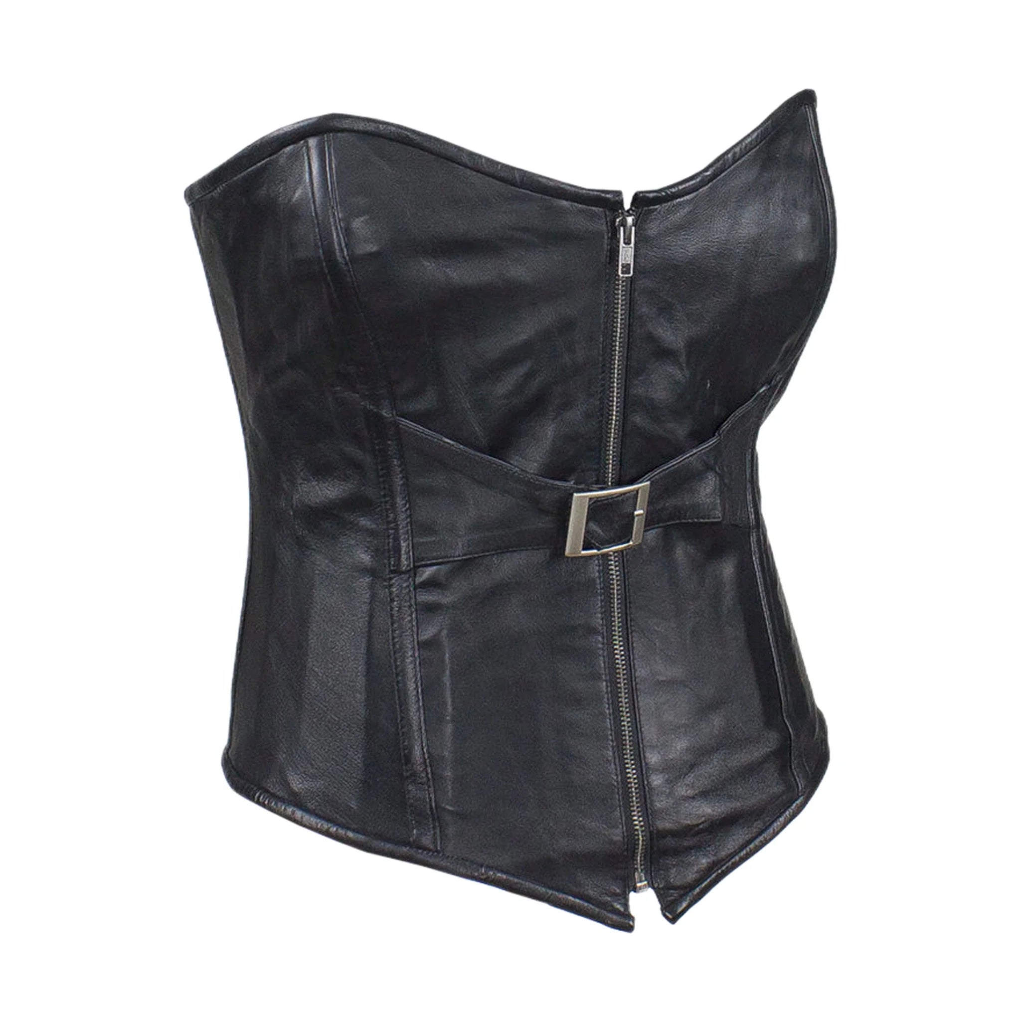 Women's Black Lambskin Leather Corset Zipper Front Buckle Lace Back Strapless Bra Loops
