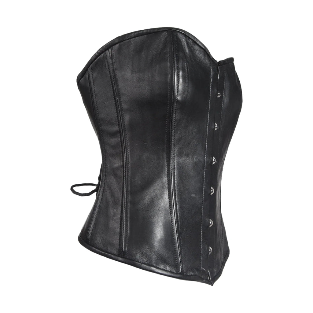 Womens Strapless Lamb Leather Corset Metal Busks Grommets Black Laced Back