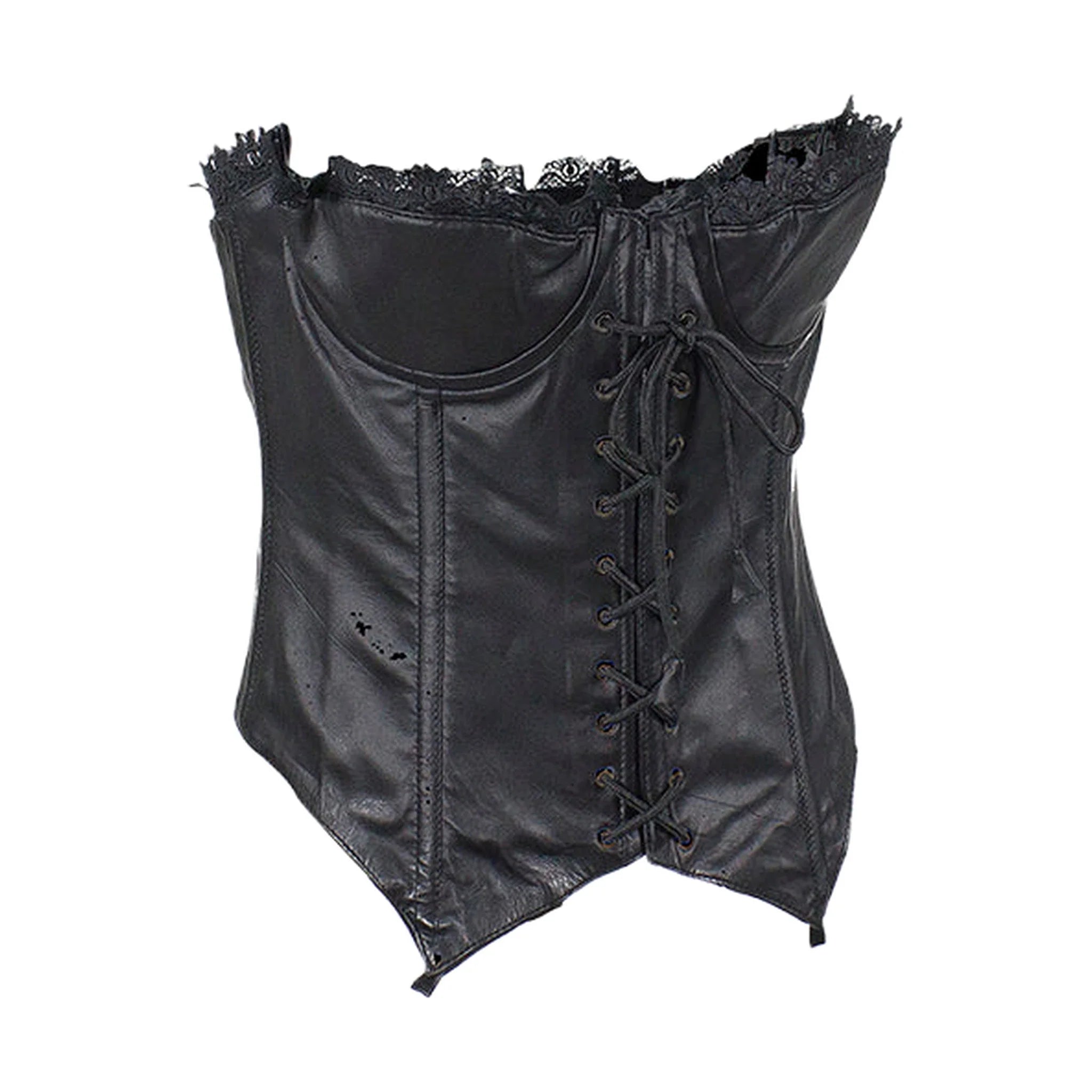 Women's Black Leather Lace Corset Genuine Lambskin Soft Lining Padded Bra