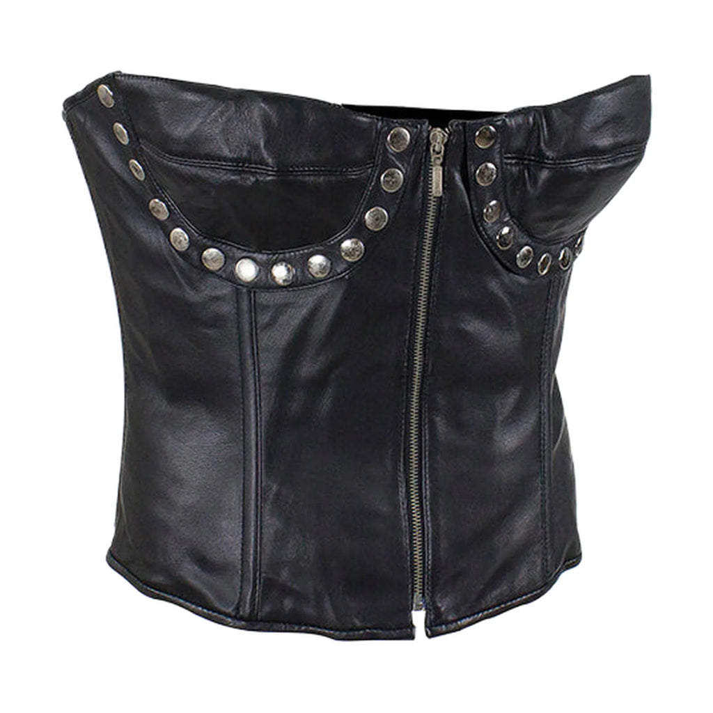 Women's Studded Black Leather Corset Dream Apparel Lambskin Chrome Studs Sexy
