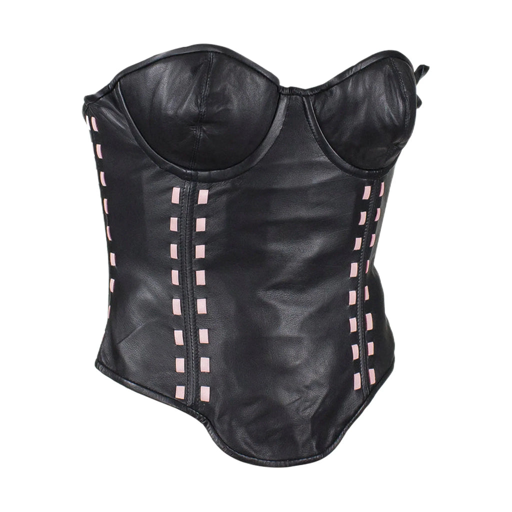Women’s Black Leather Corset with Bra Cups Lambskin Underwire Pink Weave