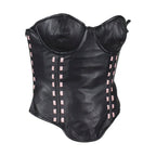 Women’s Black Leather Corset with Bra Cups Lambskin Underwire Pink Weave