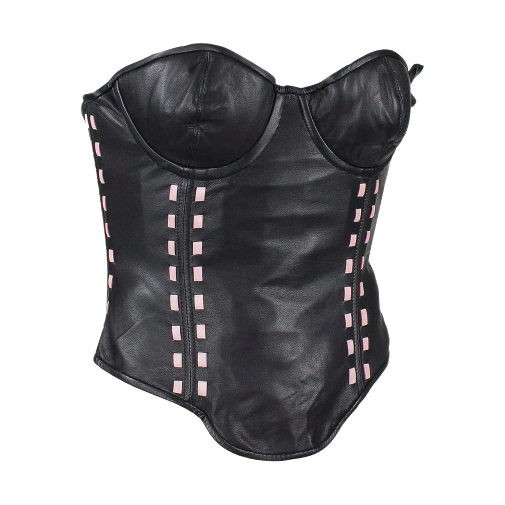 Women’s Black Leather Corset with Bra Cups Lambskin Underwire Pink Weave