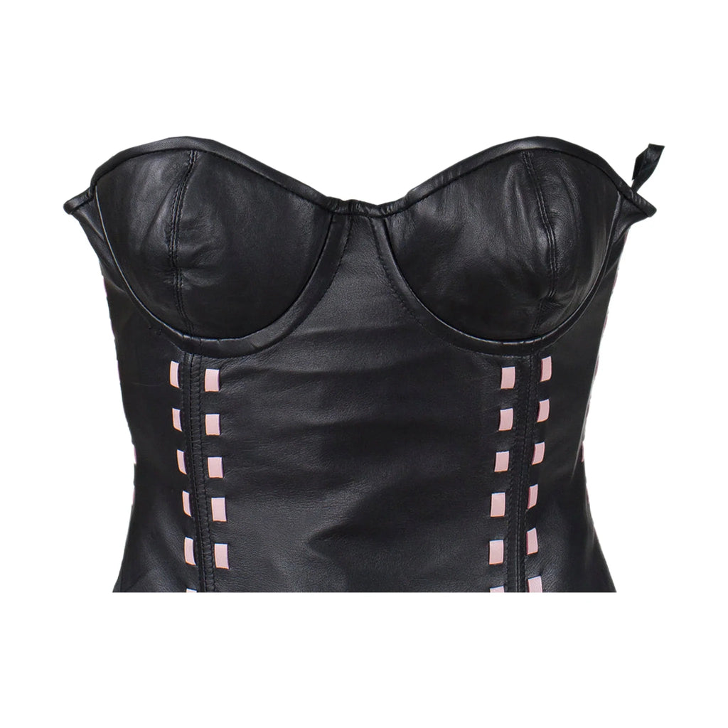 Women's Black Leather Corset with Bra Cups