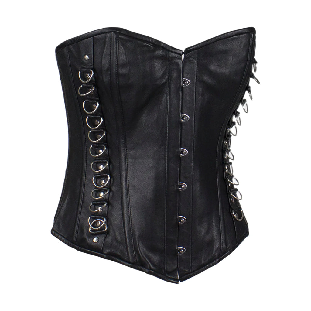 Women's Black Leather Corset Genuine Lambskin Pin Front Closure Lace Up Back