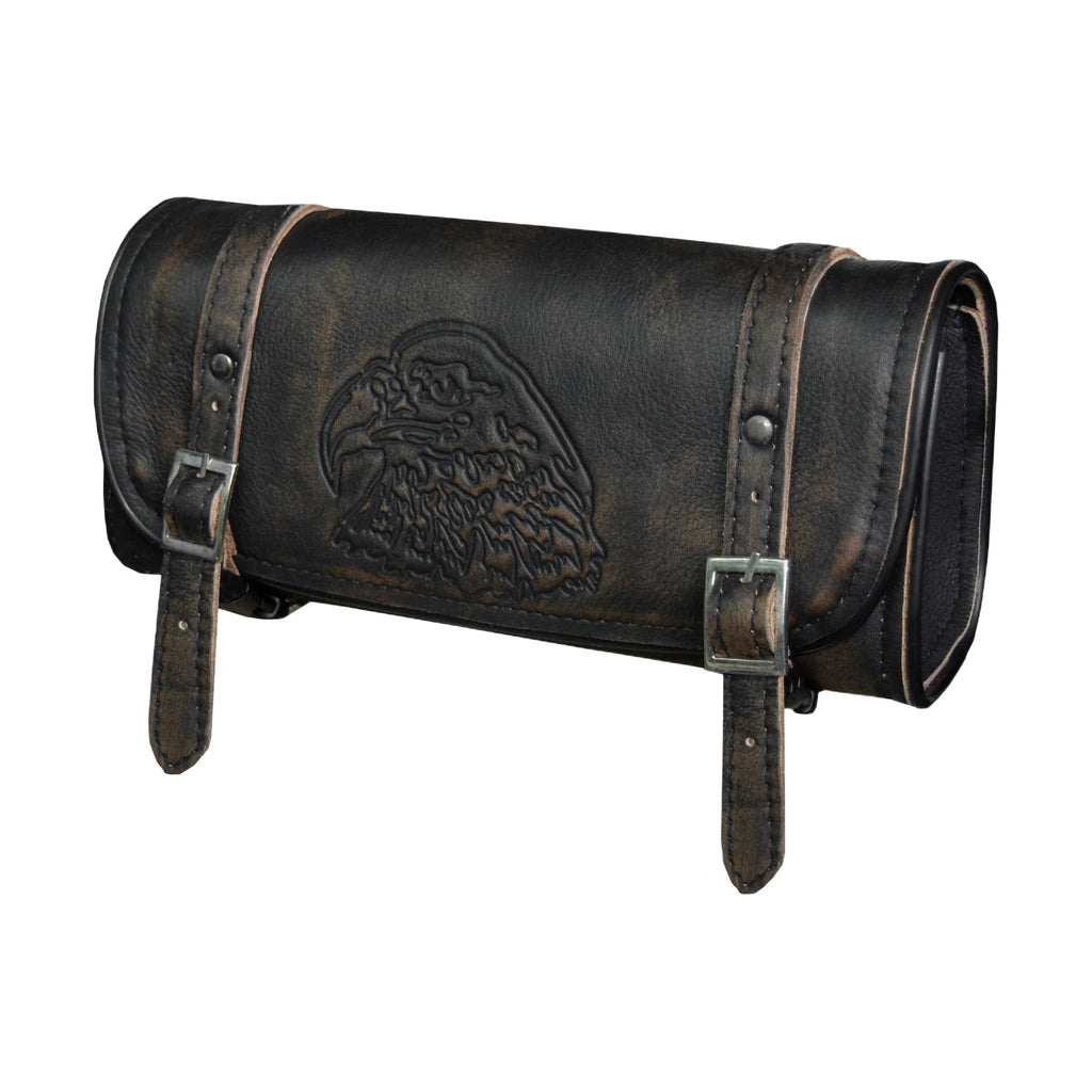10 Inch Distress Brown Leather Motorcycle Tool Bag With Eagle Universal Fit