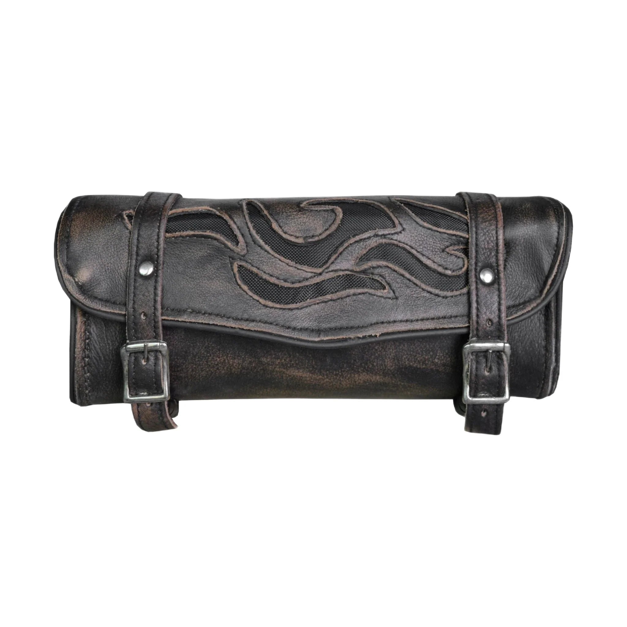 Dream Apparel Motorcycle Tool Bag with Flames 12" Distress Brown Leather
